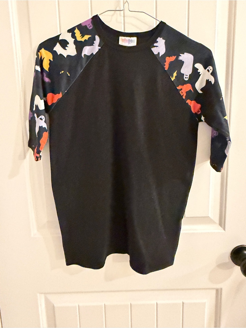 LLR Kids Black Raglan Tee with Colorful Ghost Print Sleeves EUC size 10